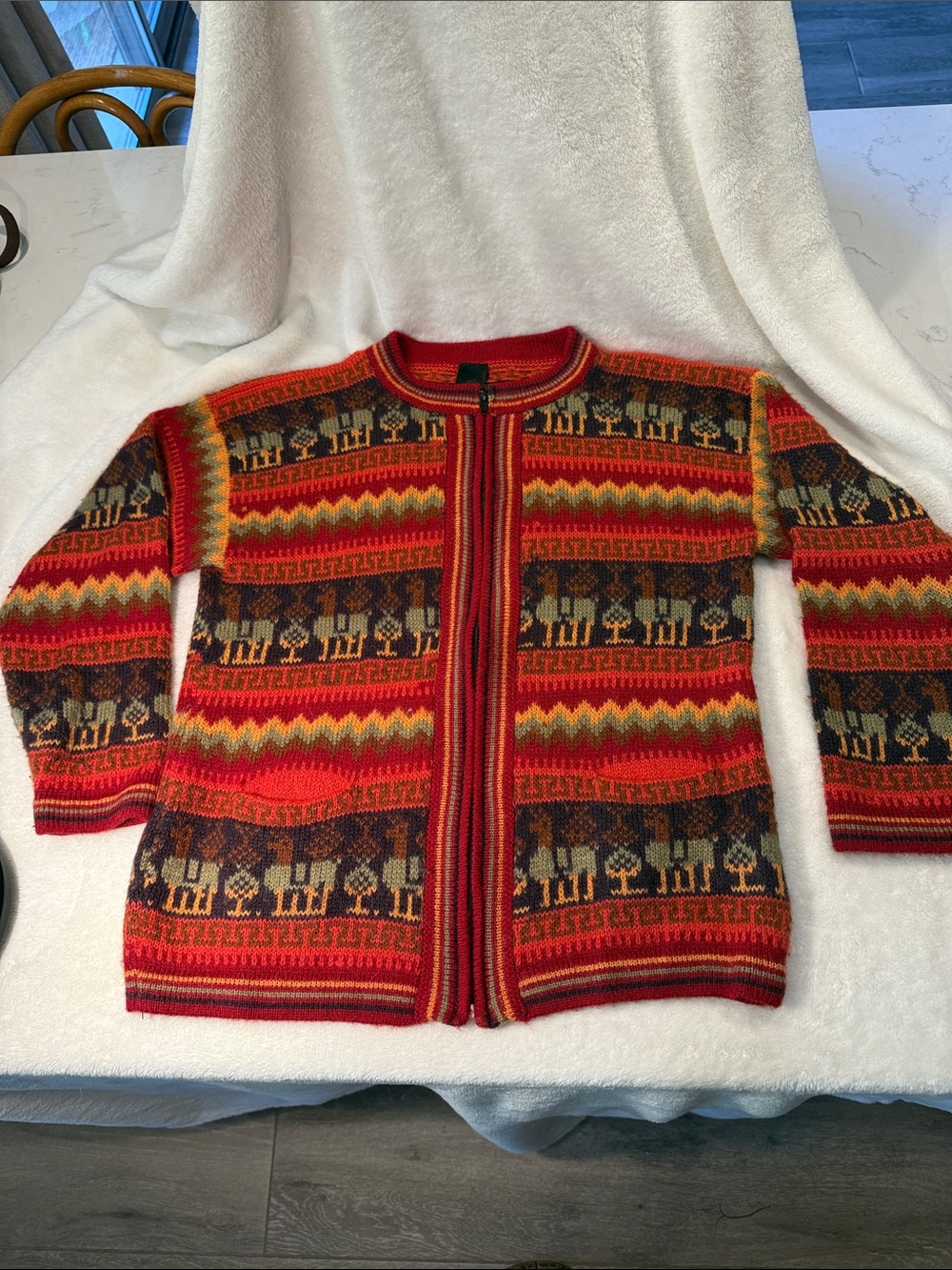 Colorful Arcohi’s 100% Alpaca Wool Zip-Front Knit Cardigan - Red, Orange, Brown